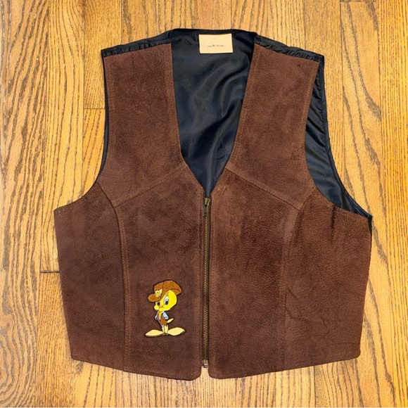 Vintage Looney Tunes Vest Leather Suede Tweety Bird Cowboy Button Tie Womens M L - Picture 1 of 13